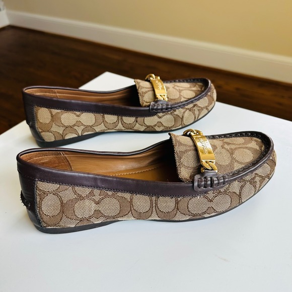 COACH Signature Jacquard Driving Loafers Brown Monogram Gold Hardware Size 8 - Picture 8 of 9